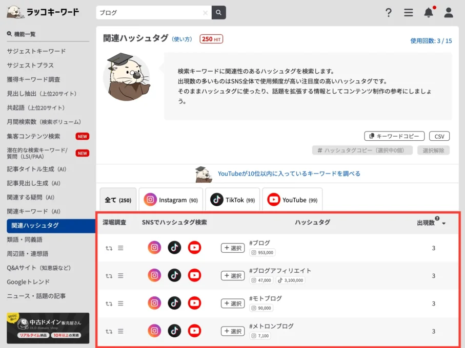 ラッコキーワード「関連ハッシュタグ」