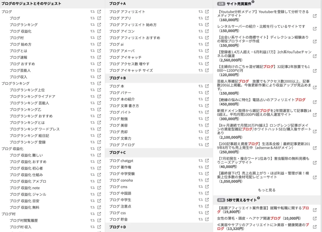 ラッコキーワードでブログの検索結果