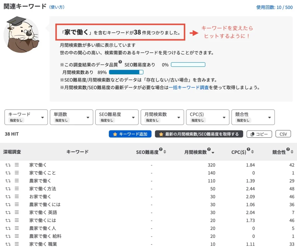 ラッコキーワードで出力する情報がないとき